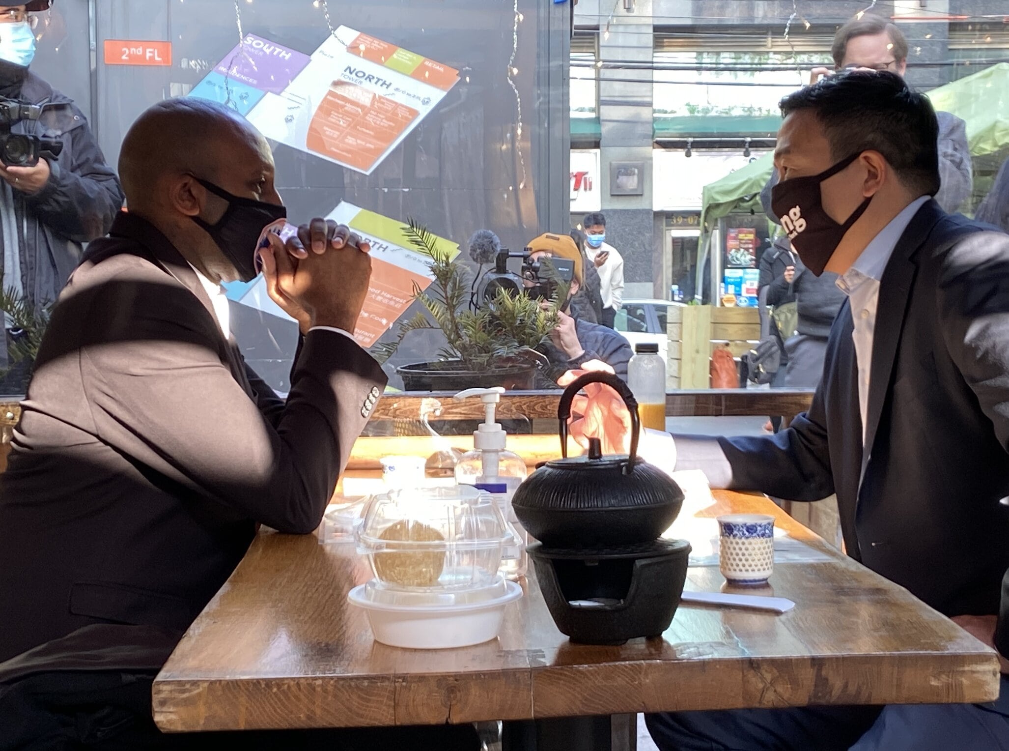 Andrew Yang and Queens BP Donovan Richards at Szechuan House in Flushing, Queens. (Photo: Jacob Henry)